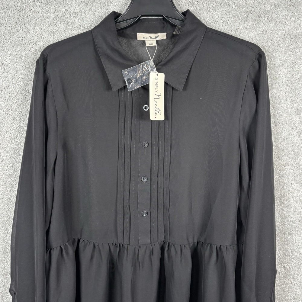 Simply Noelle Black Button Shirt Top Blouse Sheer Longer in back L XL 12 14 NEW